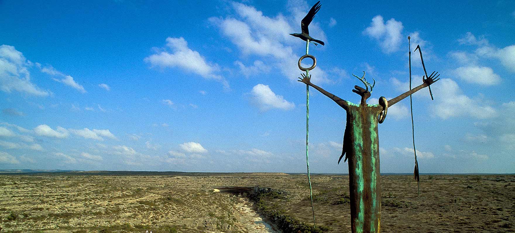 The Maker of Peace sculpture of Indian shaman by Bill Worrell, at Seminole Canyon State Park near Comstock, Texas, USA